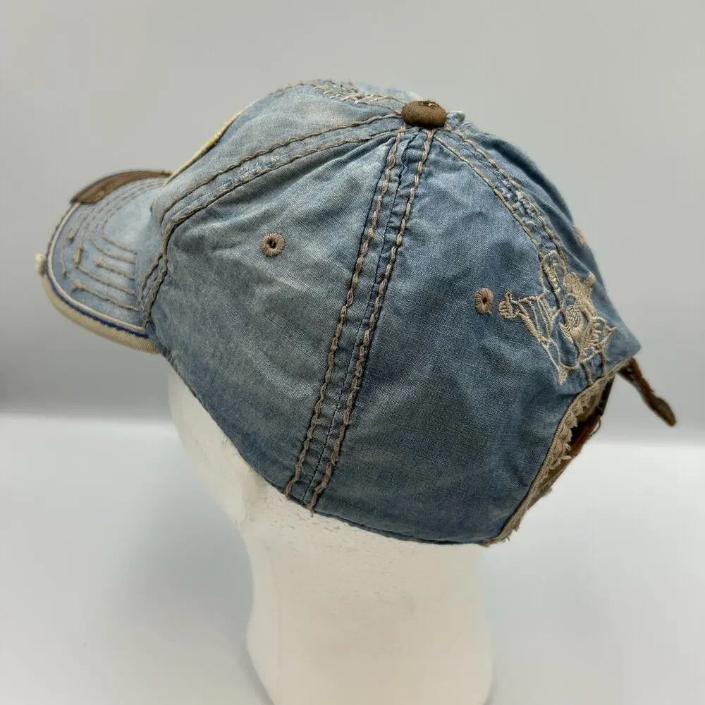True Religion Distress Embroidery Denim Basebal Hat Adjustable Y2k Vintage Logo